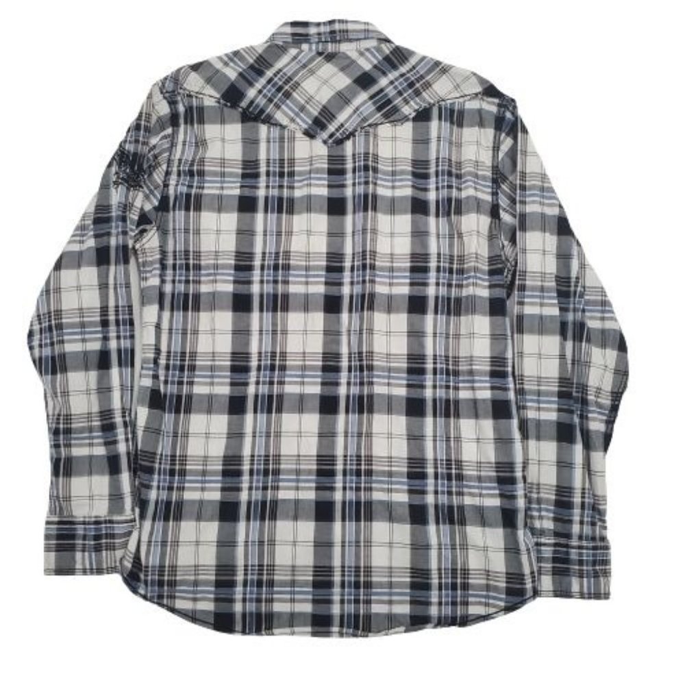 BKE Men's Slim Fit Stretch Blue/Gray Plaid Snap Front Long Sleeve Shirt X-Large - Picture 3 of 12